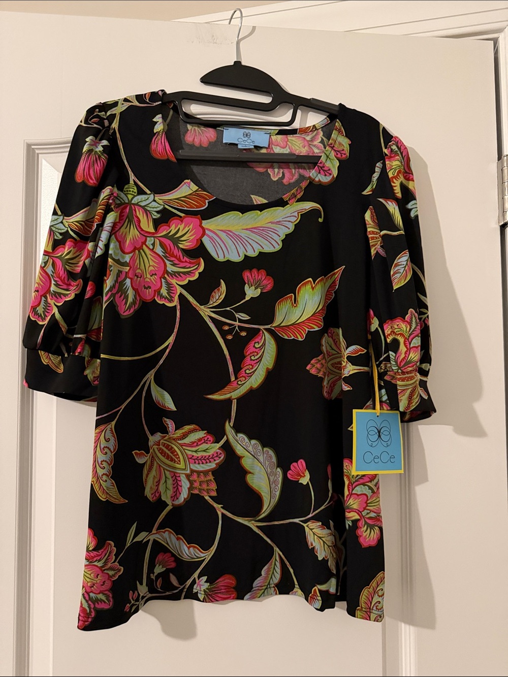 CeCe Black Floral Puff Sleeve Blouse with Pink and Green Accents